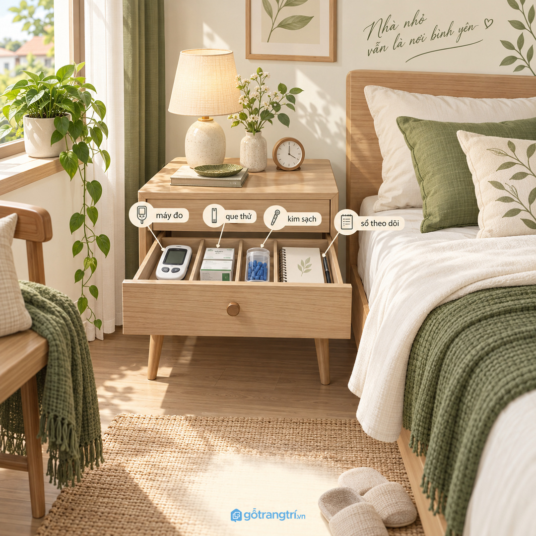Tủ máy đo đường huyết đầu giường giúp gom máy đo que thử kim sạch và sổ theo dõi vào một điểm dễ lấy