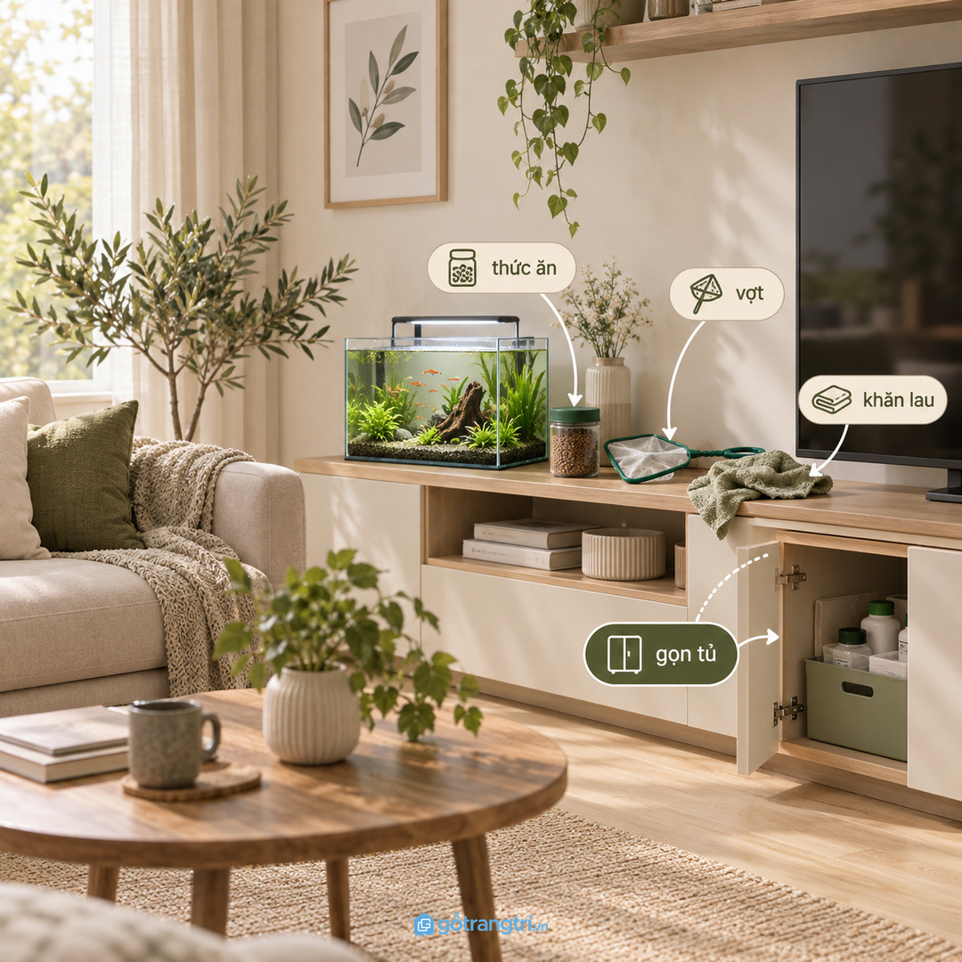 Tủ phụ kiện hồ cá mini phòng khách nhỏ giúp gom thức ăn cá vợt khăn lau và dung dịch chăm hồ vào một điểm sạch gọn