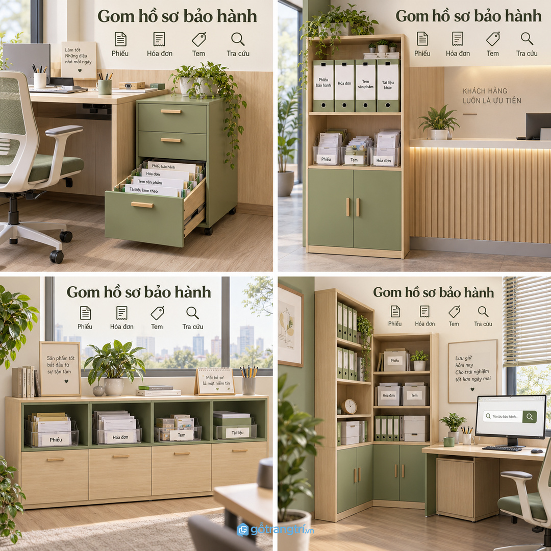 Tủ hồ sơ bảo hành thiết bị văn phòng gom phiếu hóa đơn biên bản sửa chữa và thẻ thiết bị vào một điểm dễ tra cứu