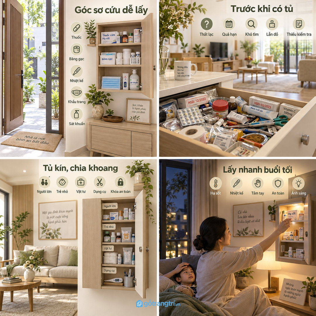 Tủ hồ sơ y tế gia đình cho nhà phố nhỏ gom sổ khám bảo hiểm đơn thuốc và giấy hẹn vào một điểm dễ tìm
