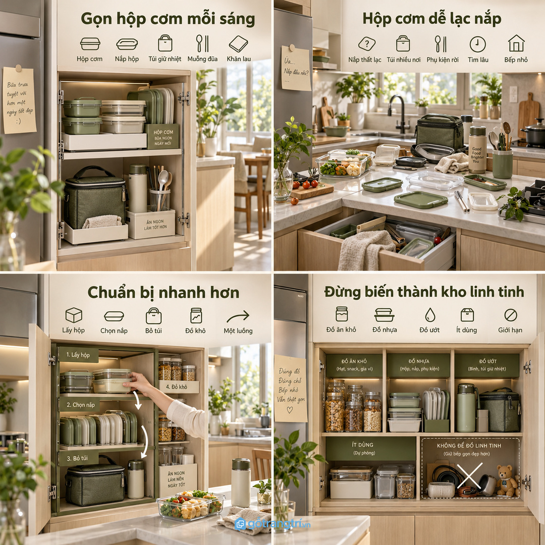 Tủ hộp cơm đi làm cho bếp nhỏ gom hộp cơm nắp túi giữ nhiệt và khăn lau vào một điểm gọn