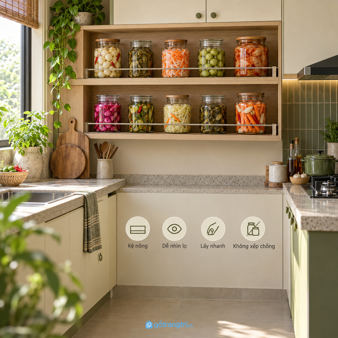 Tủ hũ lên men bếp nhỏ gom dưa cà hũ ngâm và lọ thủy tinh vào một điểm khô sạch