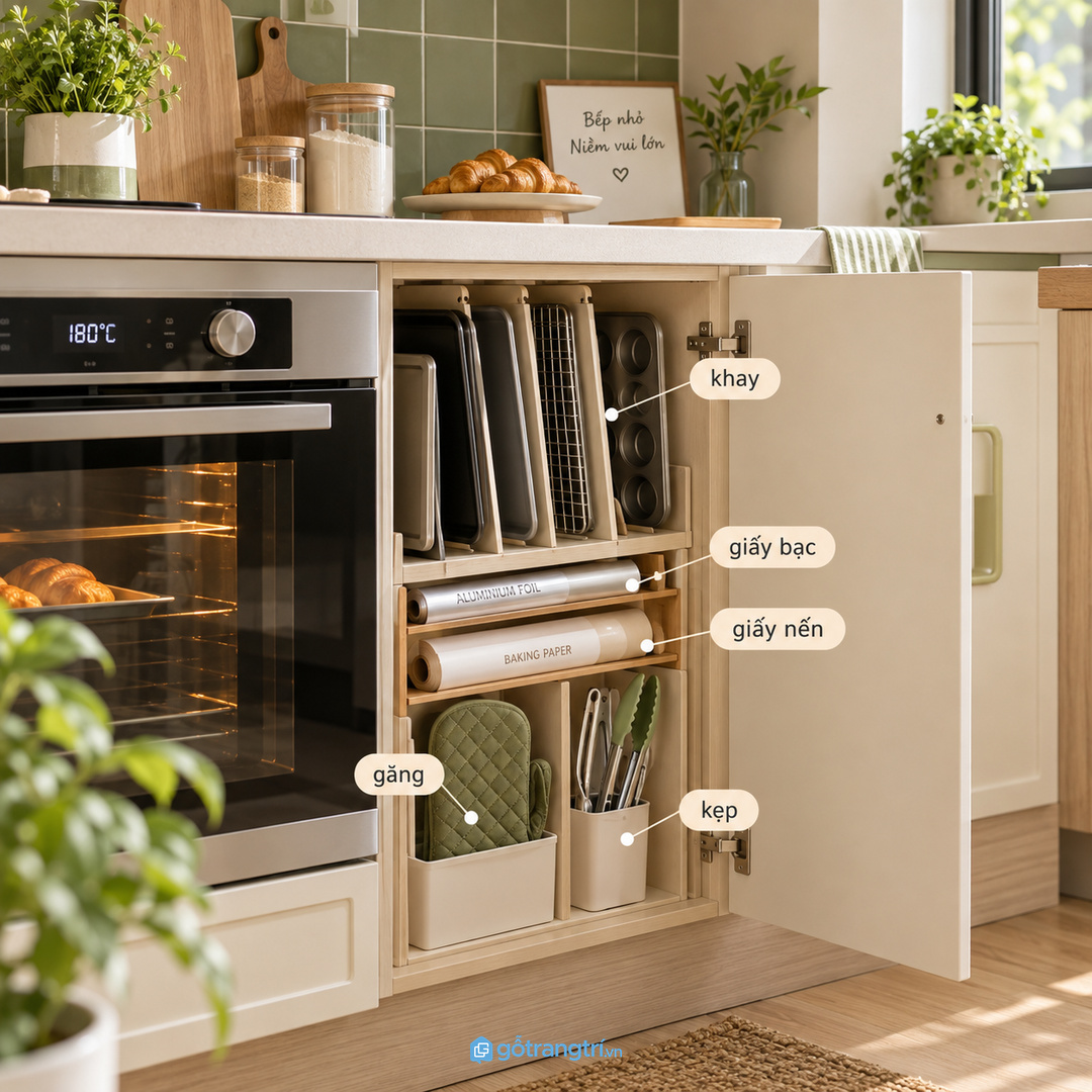 Tủ khay nướng giấy bạc cho bếp nhỏ gom khay giấy nến giấy bạc và găng tay vào một điểm gọn sạch