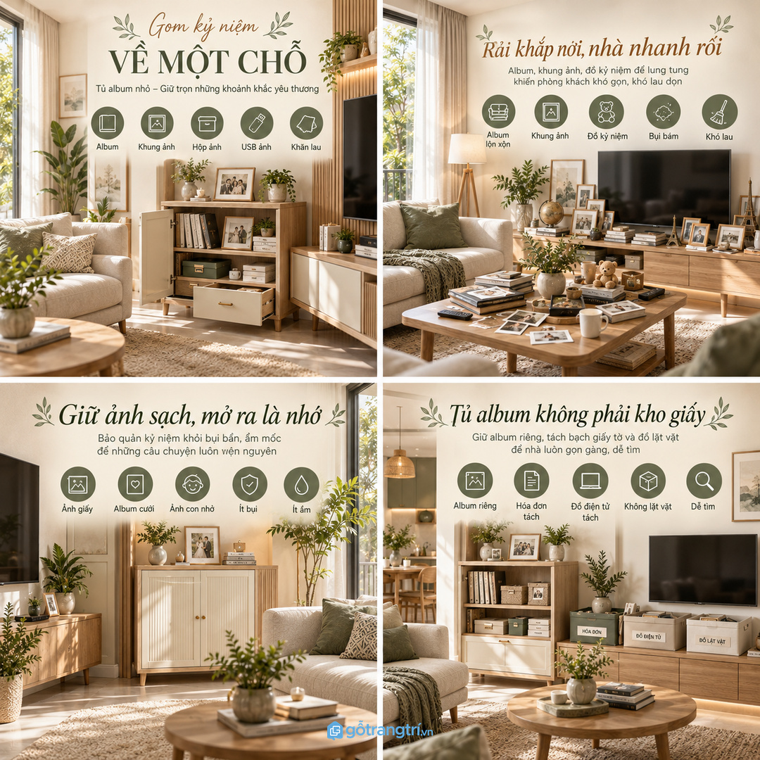 Tủ kỷ vật gia đình phòng khách nhỏ gom khung ảnh album thư tay và đồ lưu niệm vào một điểm gọn sạch