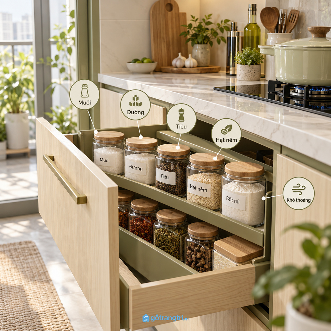 Tủ lọ gia vị khô cho bếp nhỏ gom muối đường tiêu hạt nêm và bột khô vào một điểm dễ nêm