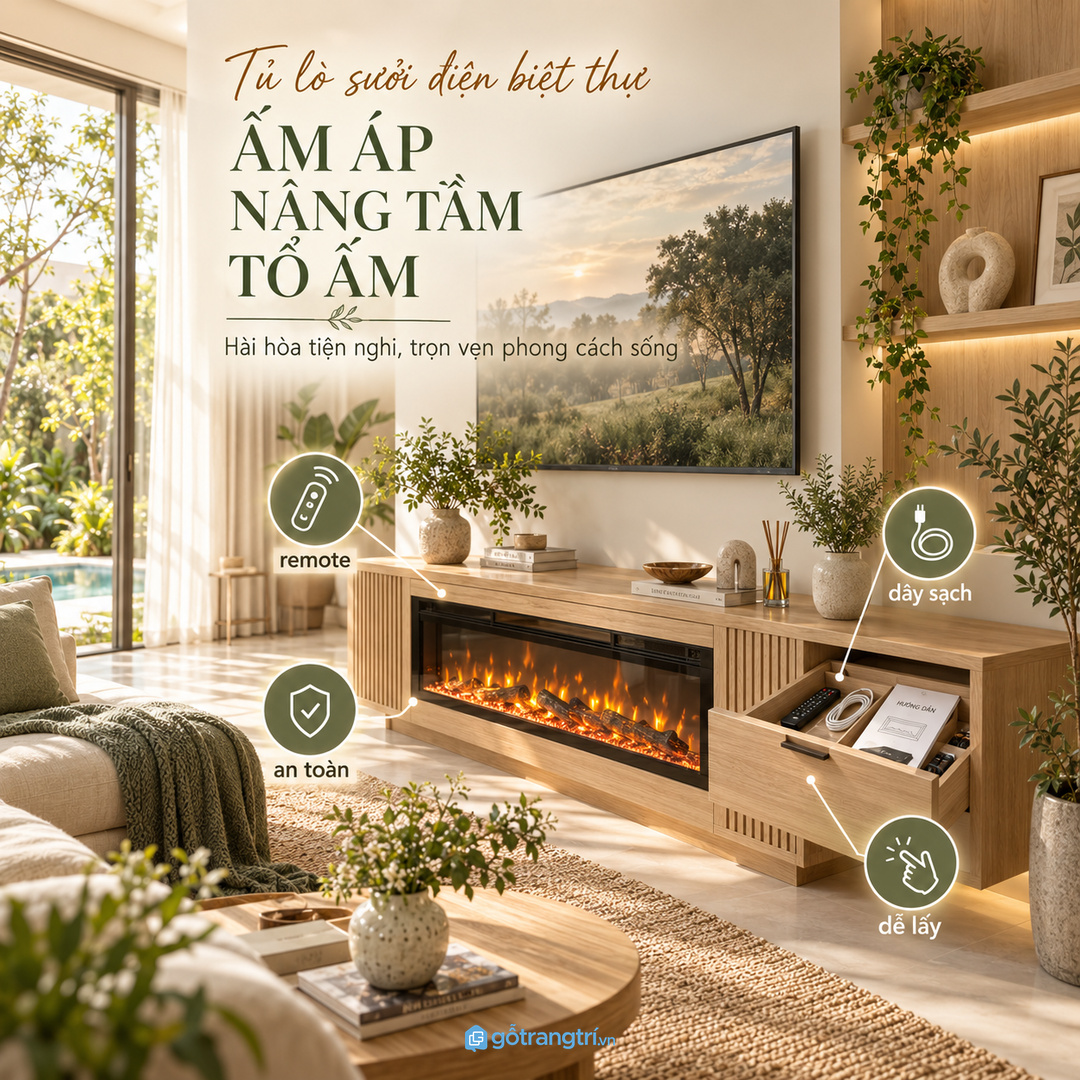 Tủ lò sưởi điện biệt thự gom remote dây nguồn sách hướng dẫn và phụ kiện vào một điểm gọn sạch