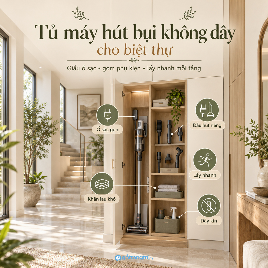 Tủ máy hút bụi không dây biệt thự giúp giấu ổ sạc, gom phụ kiện và dọn nhanh mỗi tầng