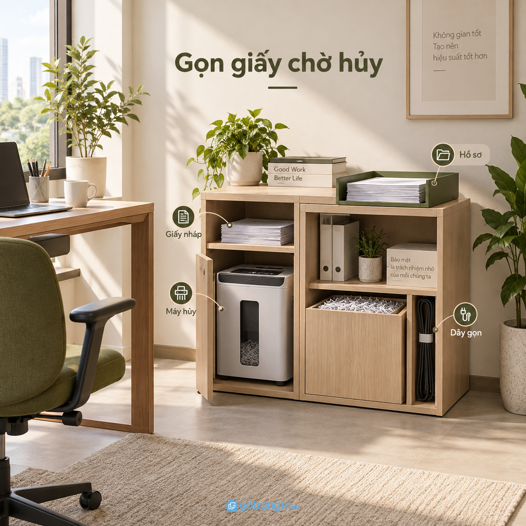 Tủ máy hủy tài liệu văn phòng nhỏ gom giấy nháp hồ sơ chờ hủy máy hủy giấy thùng giấy và dây điện vào một điểm gọn sạch
