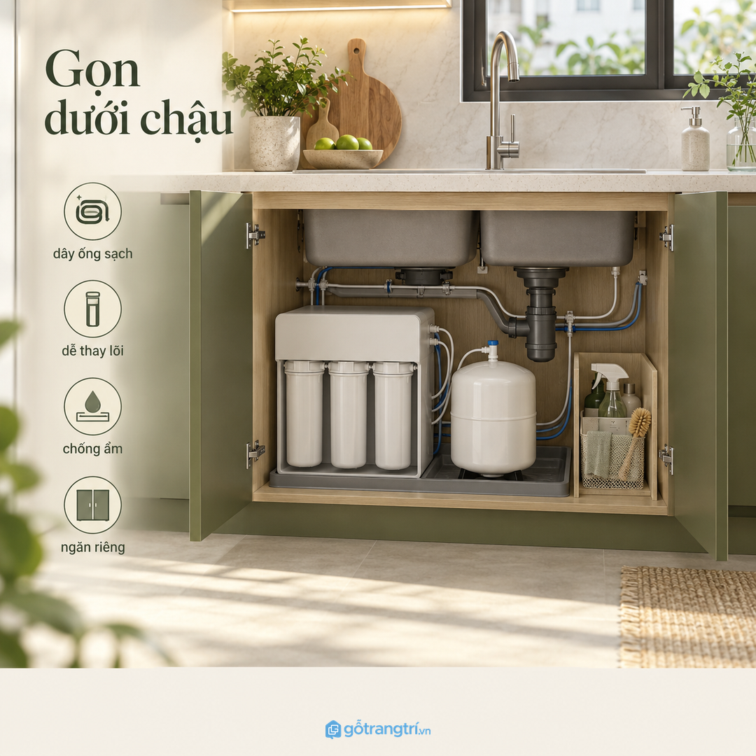Tủ máy lọc nước bếp nhỏ giúp máy lọc lõi thay thế dây ống và đồ vệ sinh có chỗ cất sạch