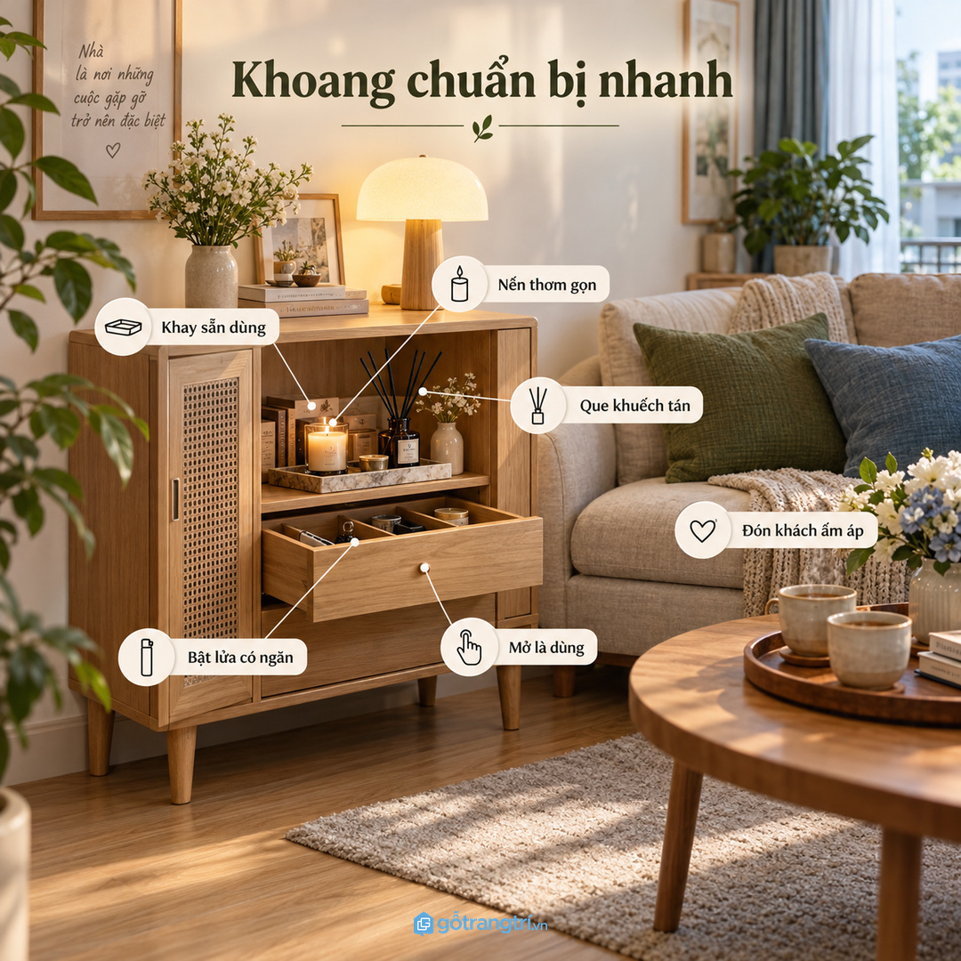 Tủ mùi hương phòng khách nhỏ gom tinh dầu nến thơm que khuếch tán và phụ kiện vào một điểm sạch
