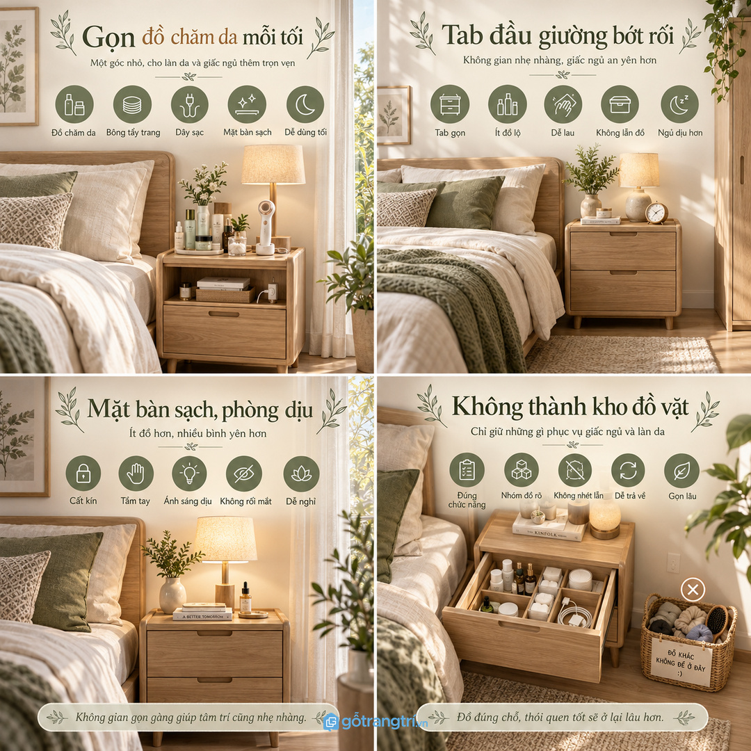 Tủ mỹ phẩm đầu giường phòng ngủ nhỏ gom đồ chăm da bông tẩy trang máy nhỏ và dây sạc về một điểm gọn dịu
