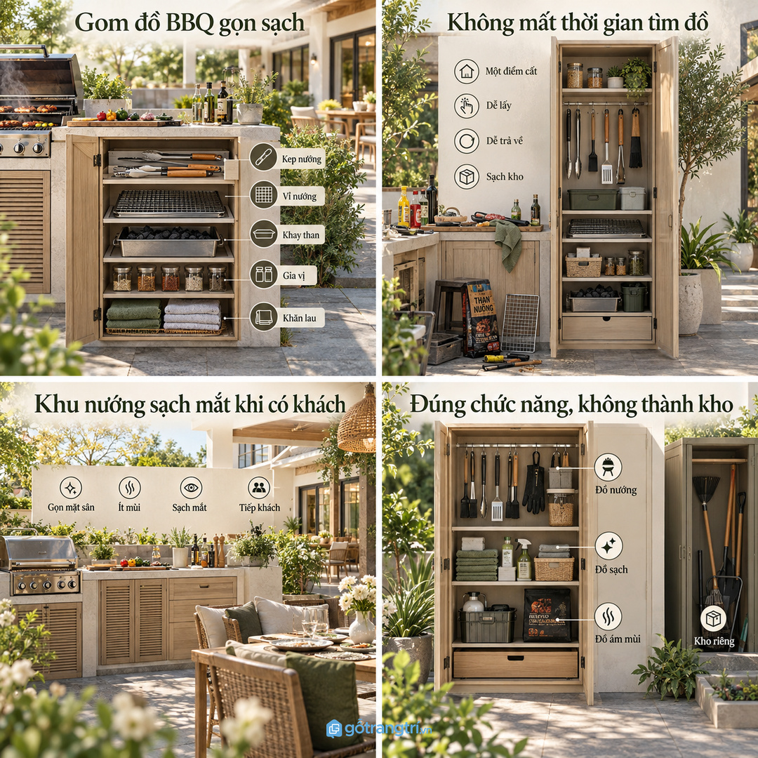 Tủ phụ kiện BBQ biệt thự gom kẹp nướng vỉ khay than gia vị khô và khăn lau vào một điểm gọn sạch