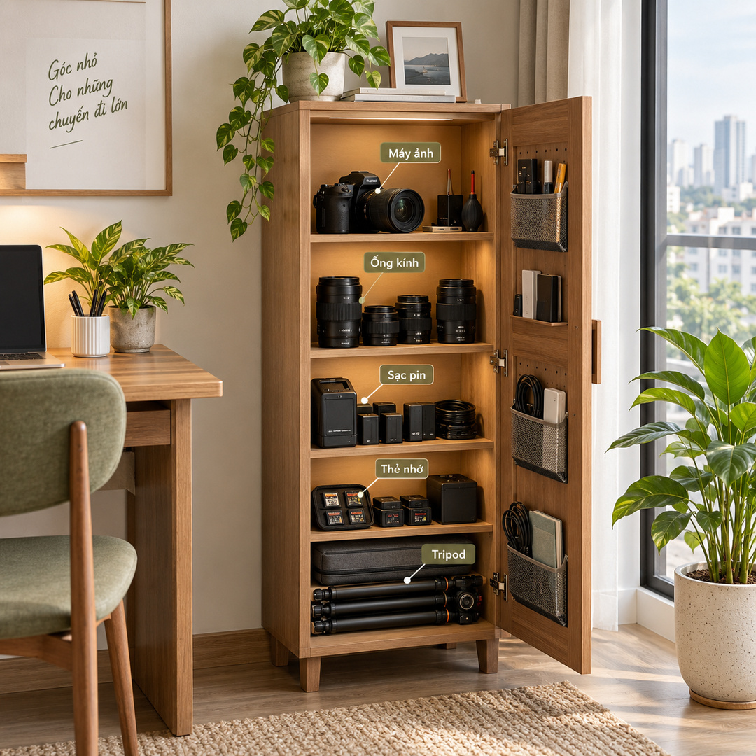 Tủ phụ kiện máy ảnh giúp góc chụp căn hộ nhỏ gọn và dễ lấy đồ