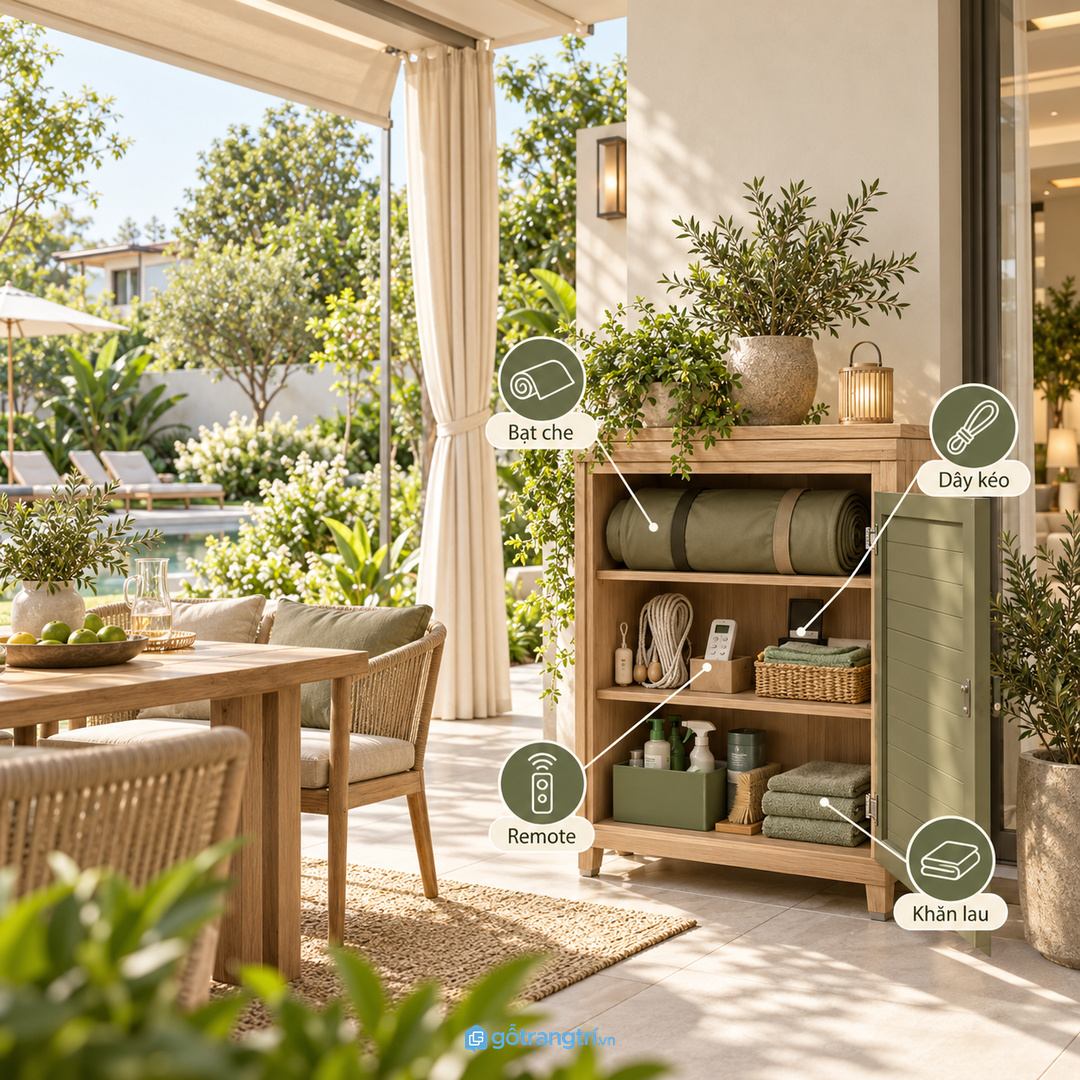 Tủ phụ kiện rèm ngoài trời biệt thự gom bạt che dây kéo remote khăn lau và đồ bảo trì vào một điểm sạch
