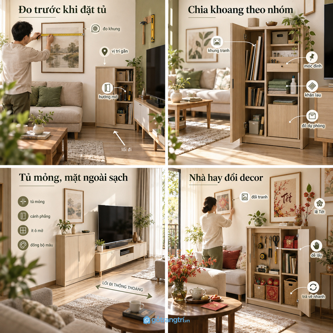 Tủ phụ kiện tranh treo phòng khách nhỏ gom móc đinh thước dây khăn lau và khung dự phòng vào một điểm gọn sạch