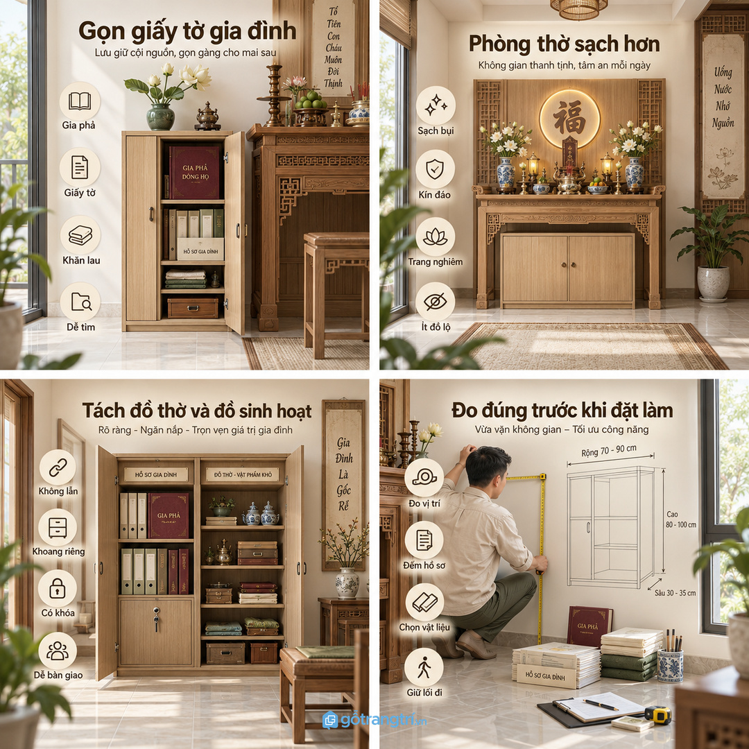 Tủ sổ gia phả phong thủy gom giấy tộc họ ảnh cũ lịch giỗ và đồ lễ nhỏ gọn trang trọng