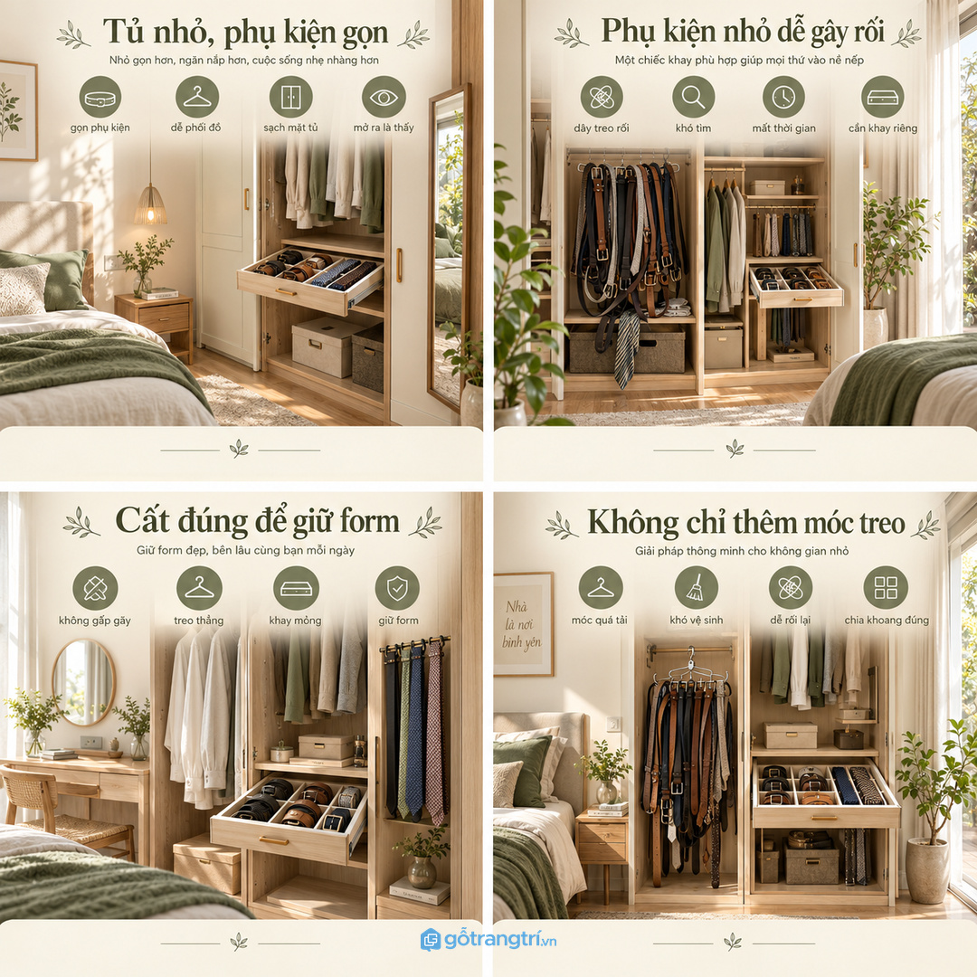 Tủ thắt lưng cà vạt phòng ngủ nhỏ giúp phụ kiện thay đồ gọn một điểm và dễ phối mỗi sáng