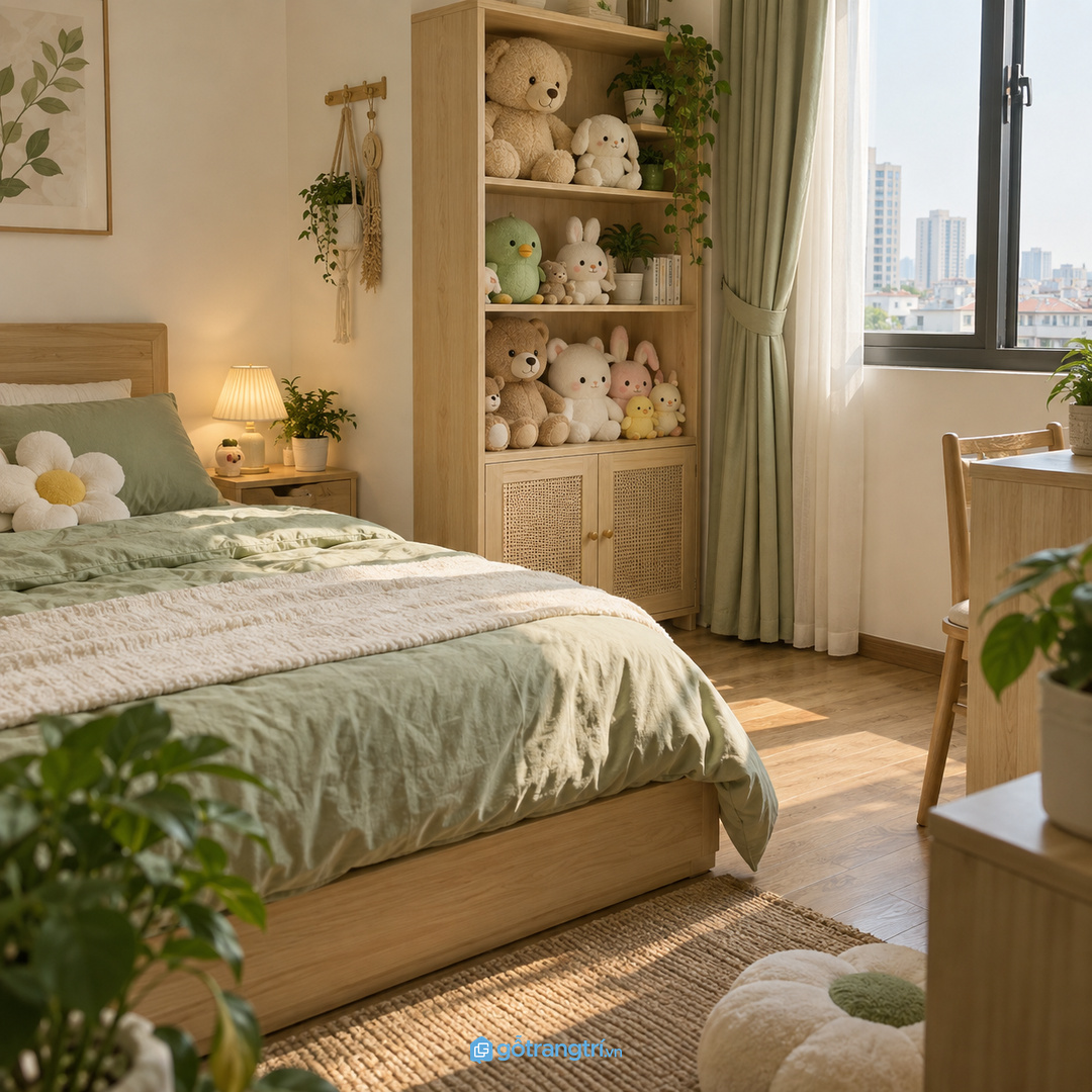 Tủ thú bông phòng ngủ nhỏ giúp gom đồ mềm gối ôm chăn mỏng và món kỷ niệm sạch hơn