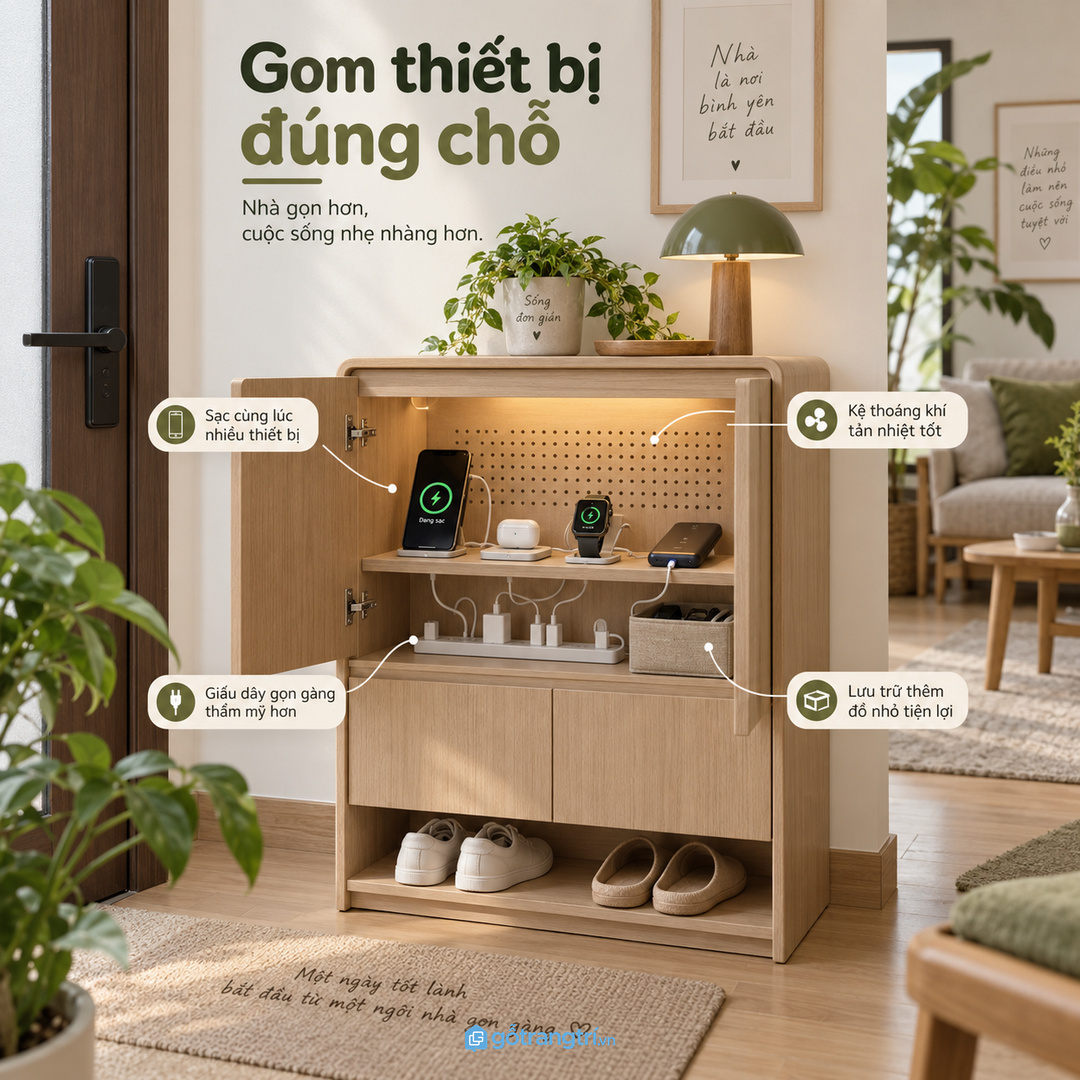 Tủ trạm sạc cho chung cư nhỏ gom điện thoại tai nghe đồng hồ pin dự phòng và dây sạc vào một điểm gọn sạch