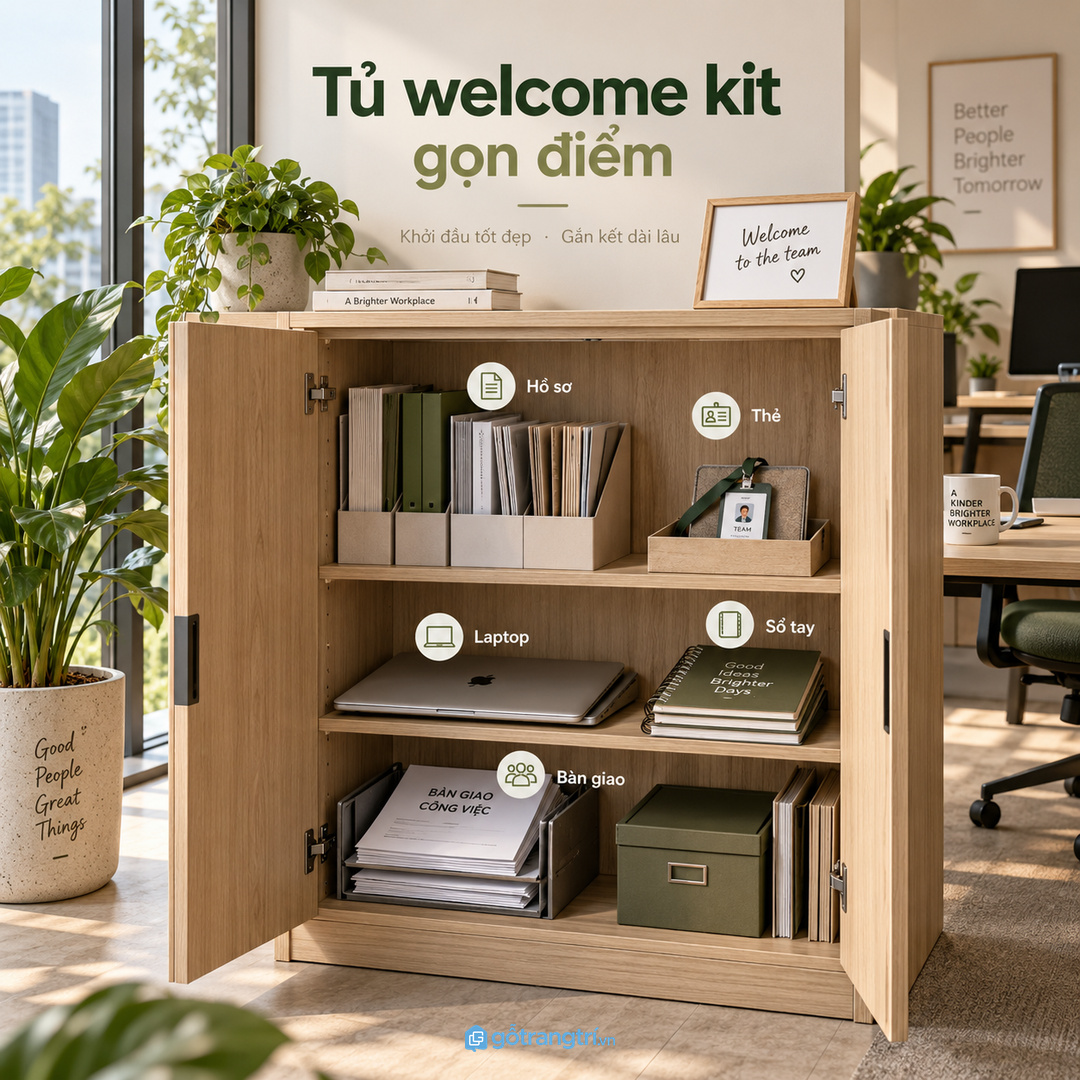 Tủ welcome kit nhân viên mới gom hồ sơ thẻ laptop sổ tay và tài liệu bàn giao vào một điểm rõ ràng