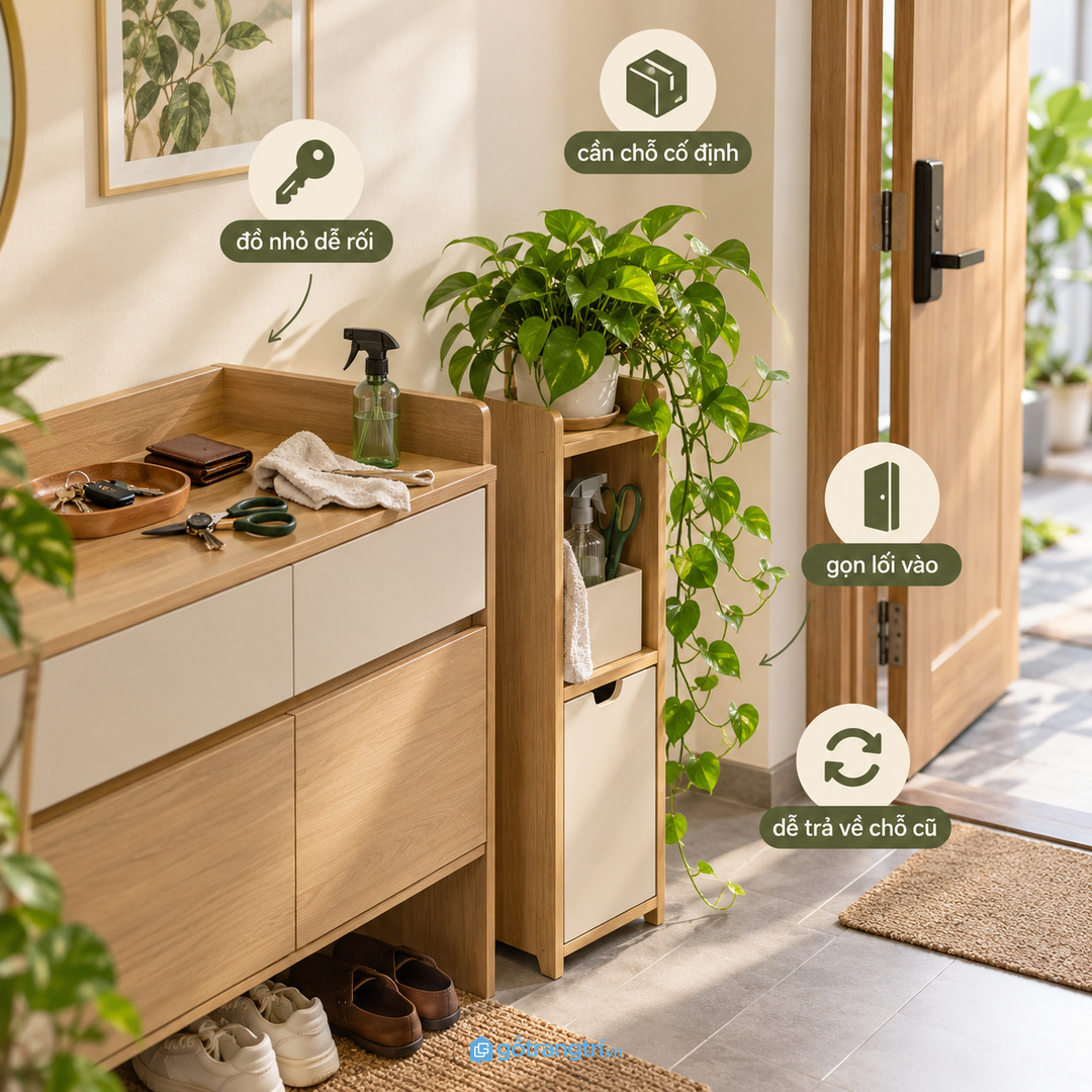 Chậu cây đặt tạm dưới sàn dễ làm lối vào rối và khó lau sạch