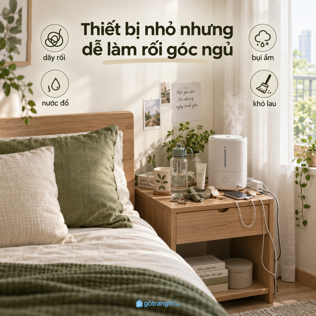Máy tạo ẩm và dây điện dễ làm rối khu đầu giường nếu không có vị trí cố định