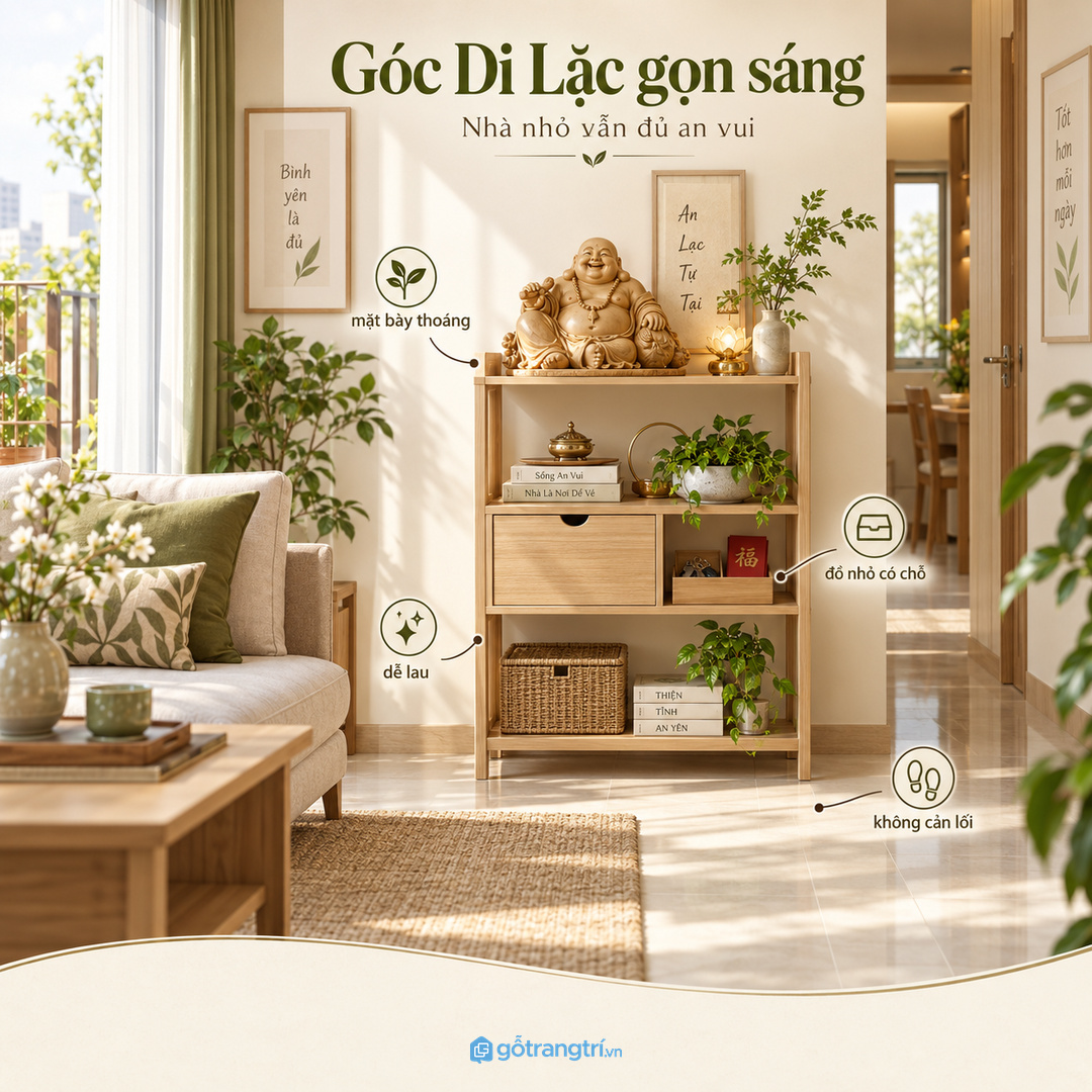 Tượng đặt lẫn đồ nhỏ khiến góc phong thủy nhanh rối và kém trang trọng
