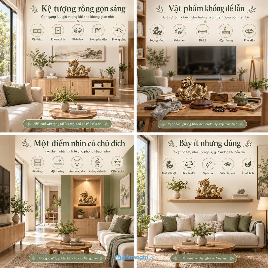 Tượng rồng đặt lẫn đồ sinh hoạt làm phòng khách nhỏ nhanh rối