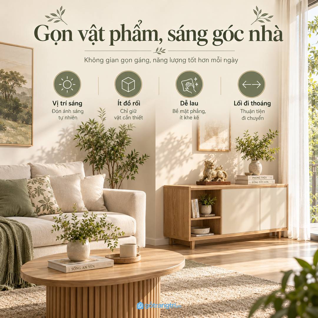 Vật phẩm phong thủy đặt lẫn đồ nhỏ làm phòng khách nhanh rối