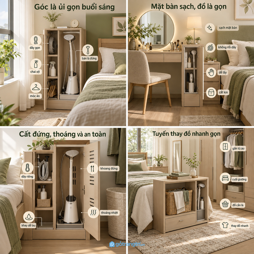 Đồ là ủi nhỏ để rải rác làm tab đầu giường và bàn trang điểm nhanh rối