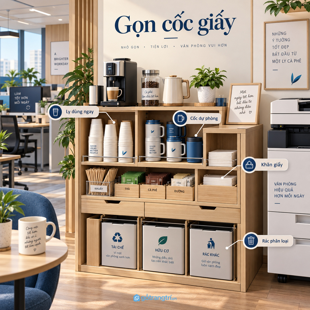 Ly cốc để rải quanh pantry làm văn phòng nhỏ nhanh bừa và khó giữ vệ sinh