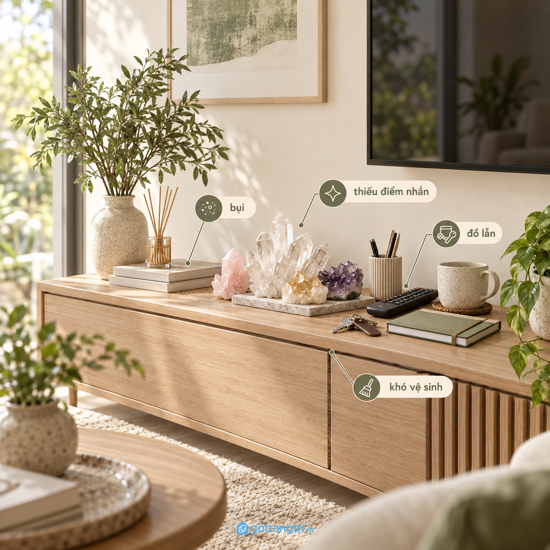 Đá thạch anh đặt lẫn đồ sinh hoạt làm góc tài lộc thiếu điểm nhấn