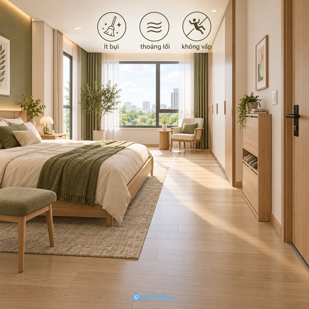 Dép để rải trên sàn làm phòng ngủ nhanh bụi và vướng lối đi