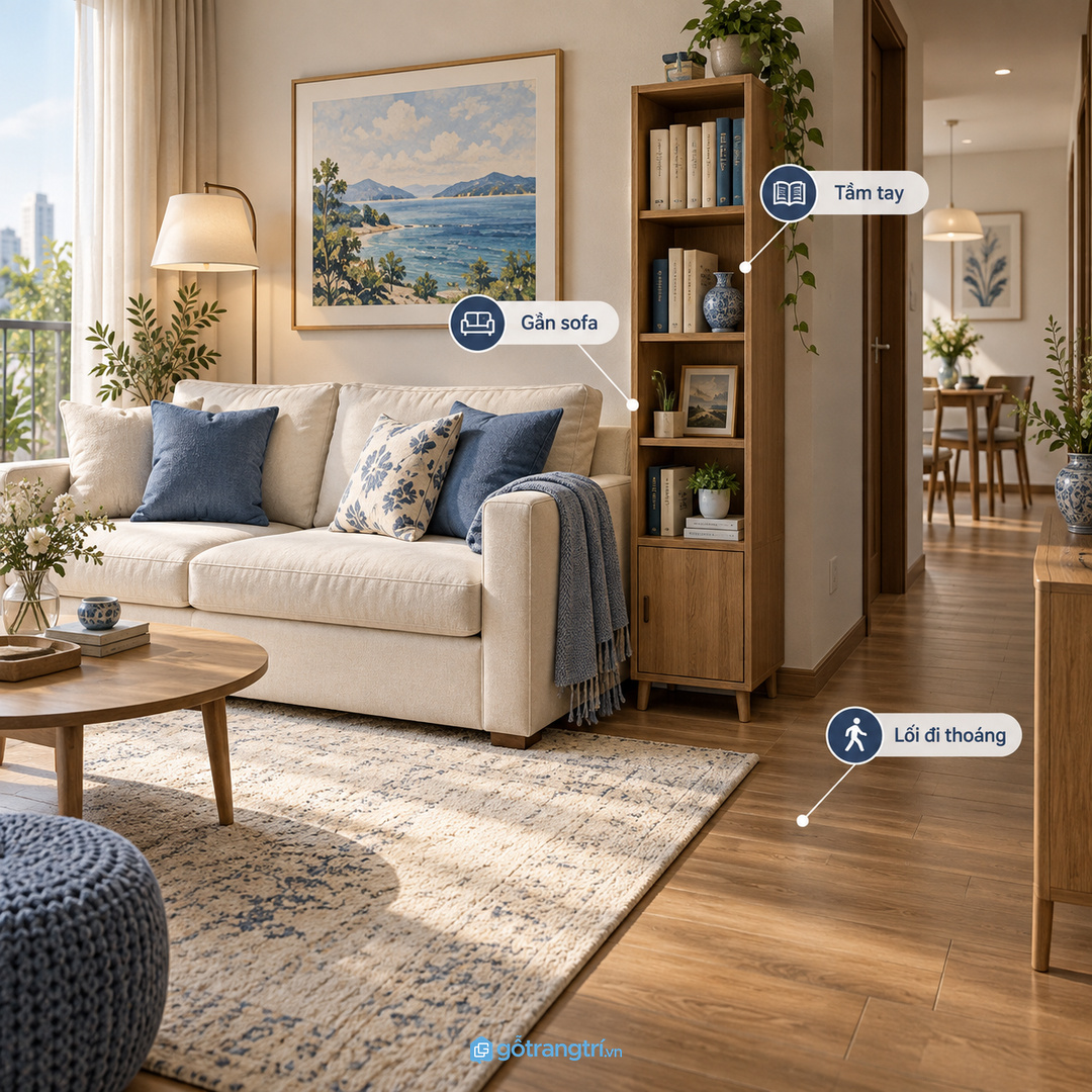 Sách đọc dở để rải trên bàn trà làm phòng khách nhỏ nhanh rối