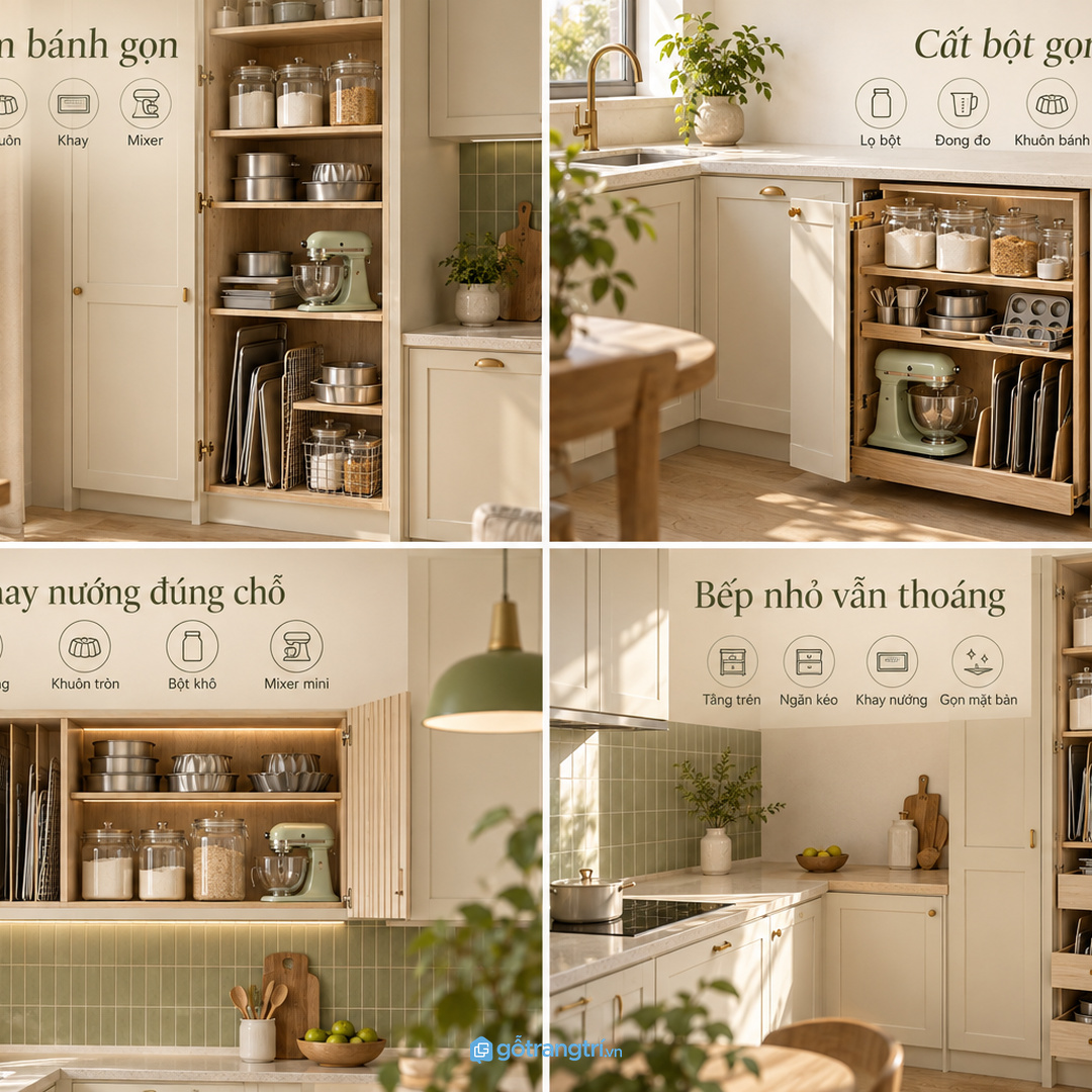 Khuôn bánh và khay nướng để rải khiến mặt bếp nhanh chật