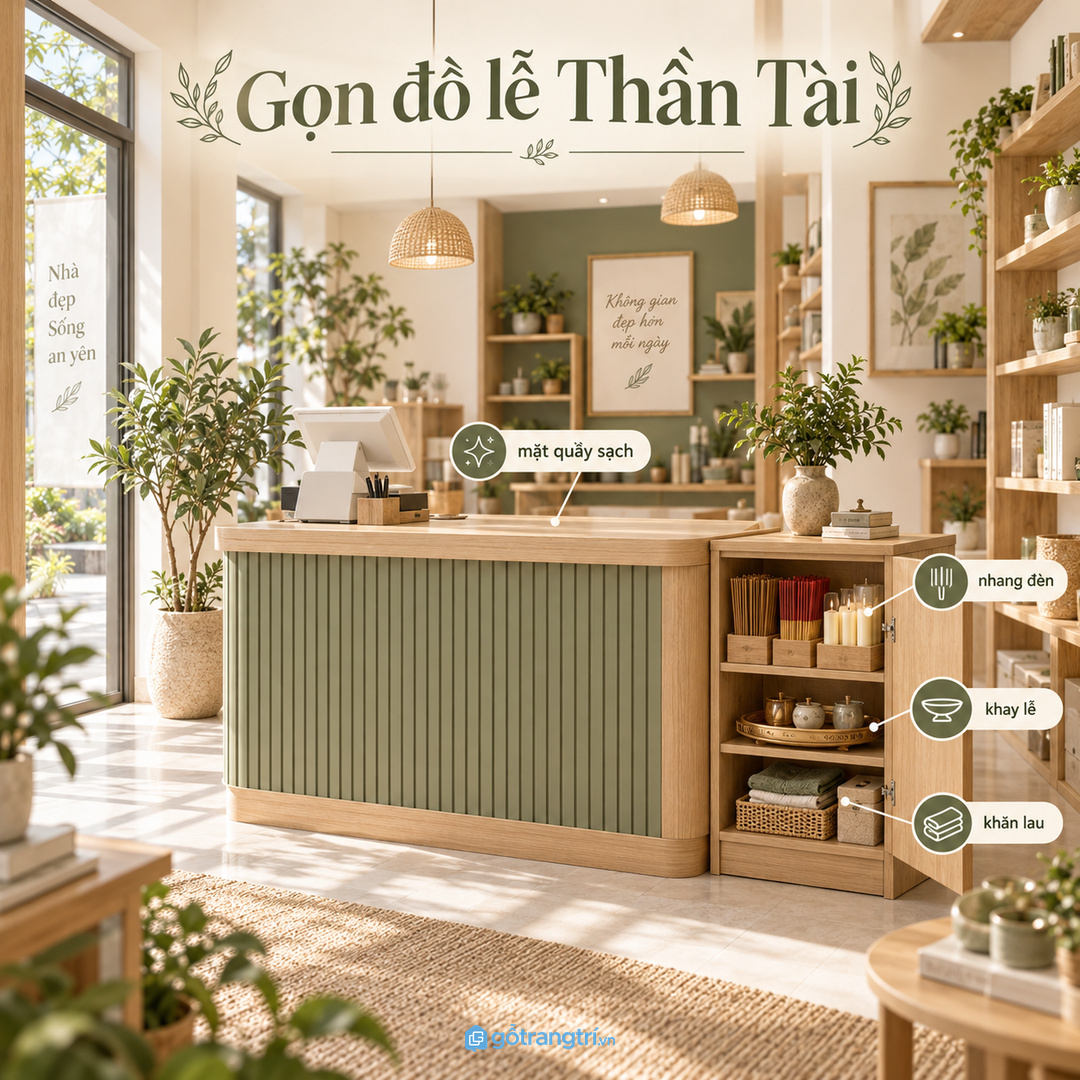 Góc Thần Tài đẹp hơn khi đồ chuẩn bị hằng ngày không để lẫn dưới quầy