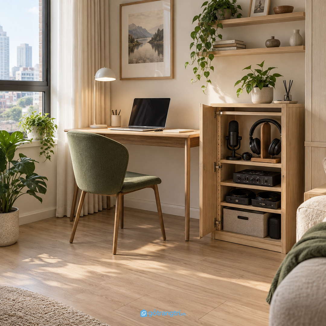 Thiết bị podcast để tạm trên bàn làm căn hộ nhỏ nhanh rối