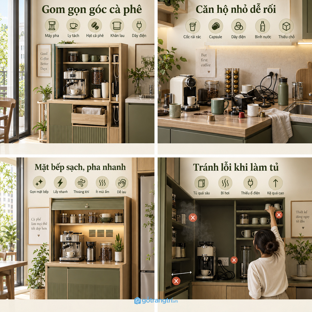 Cốc, capsule, dây điện và bình nước để rải rác làm bếp chung cư nhanh rối