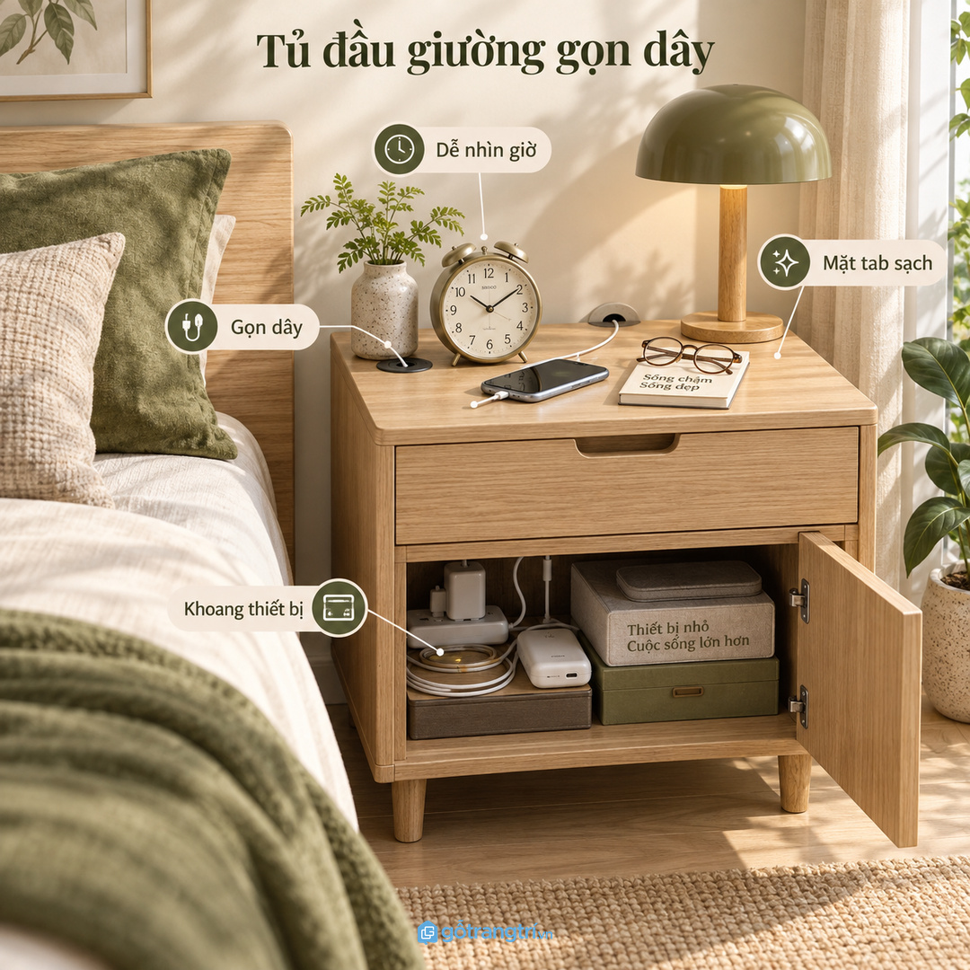 Đầu giường dễ rối khi đồng hồ dây sạc và điện thoại nằm lẫn trên mặt tab