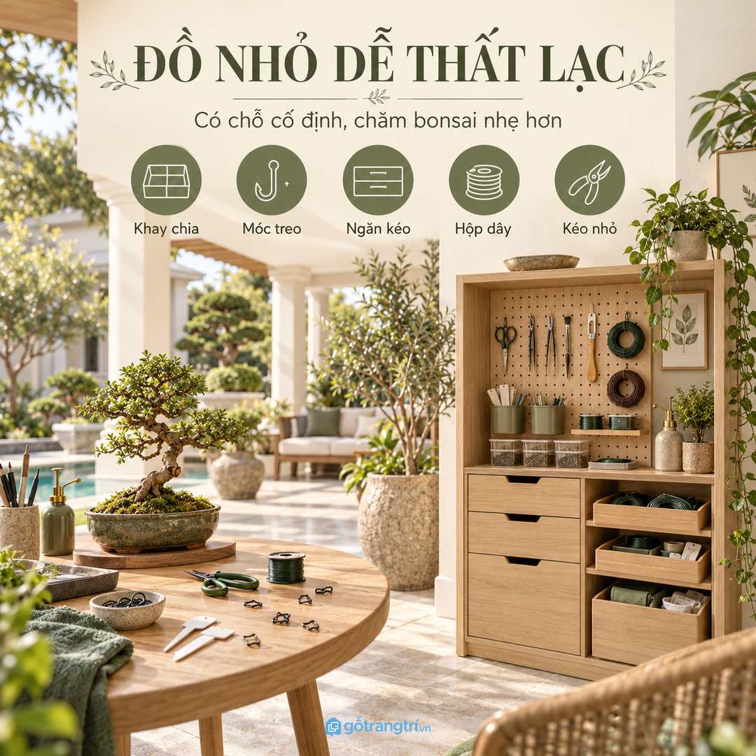 Dụng cụ bonsai để rải quanh hiên làm sân vườn biệt thự mất vẻ chỉn chu