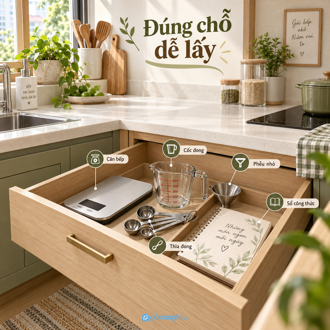 Bếp chật khó đong khi cốc đong thìa đong và cân bếp nằm rải trên mặt bàn