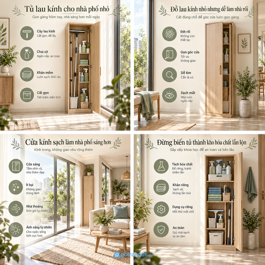 Đồ lau kính nhỏ nhưng để sai chỗ rất dễ làm nhà phố rối mắt