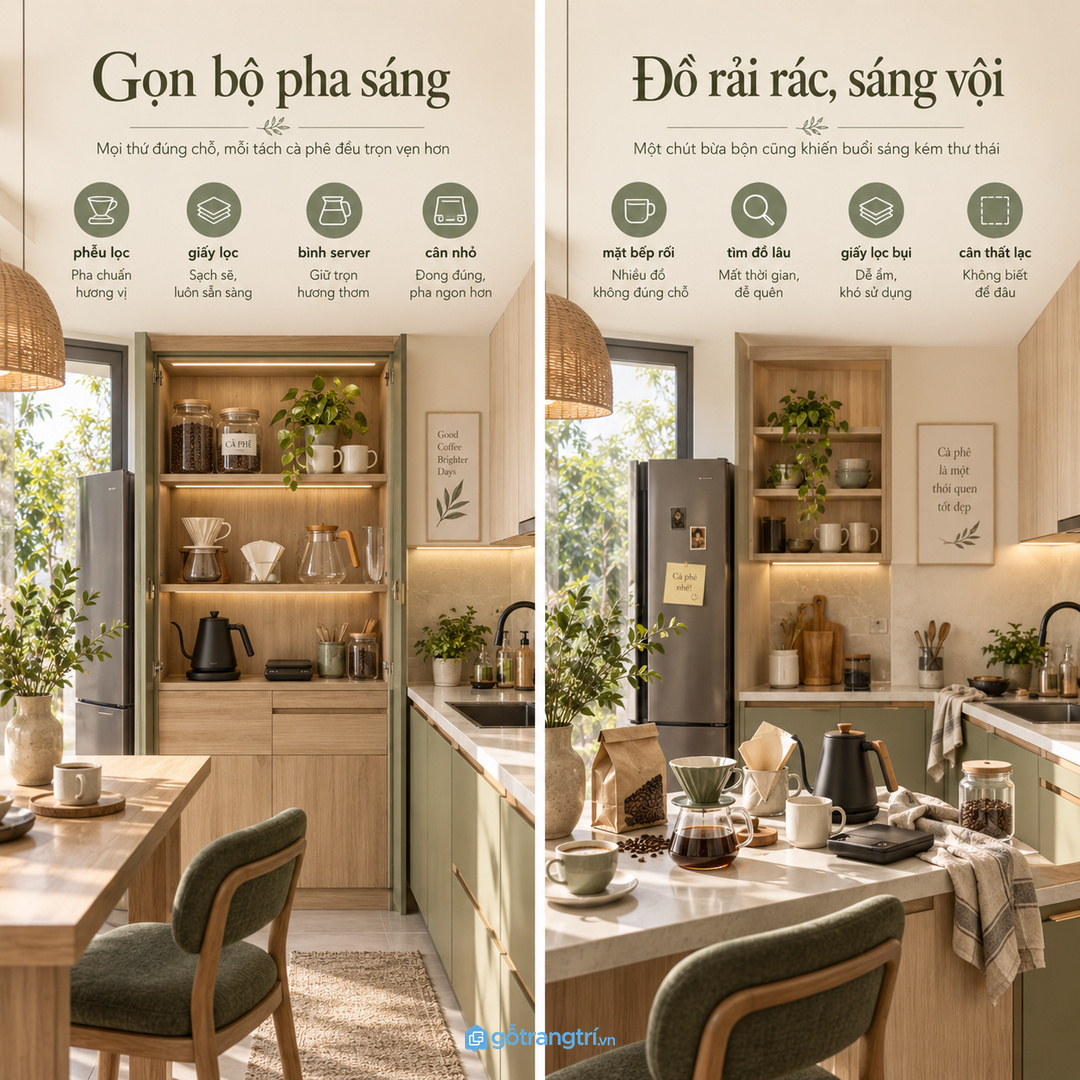 Bộ pha cà phê để rải rác làm buổi sáng mất thời gian tìm đồ
