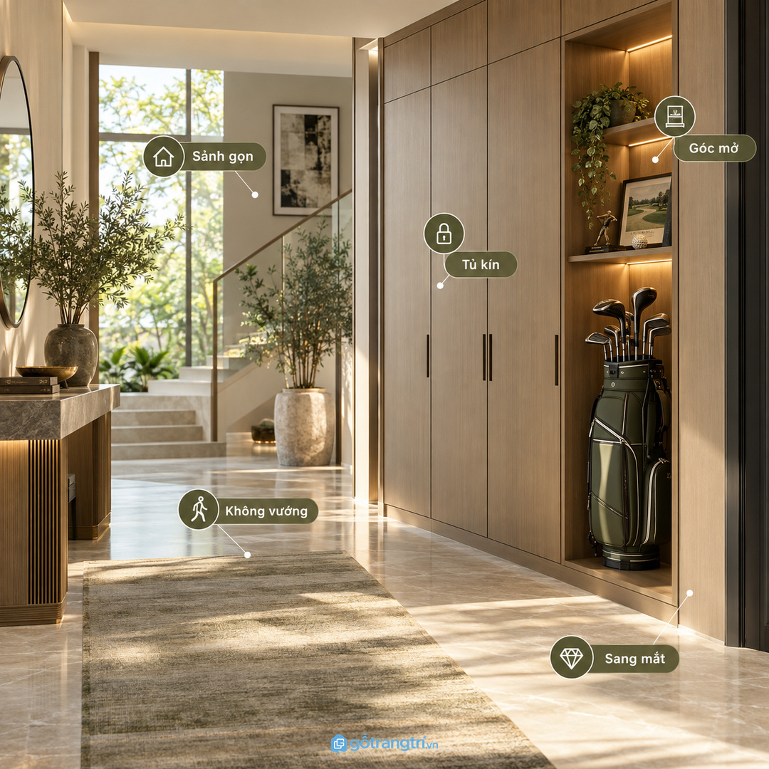 Đồ golf đặt tạm ở gara hoặc sảnh phụ dễ làm khu vào nhà rối