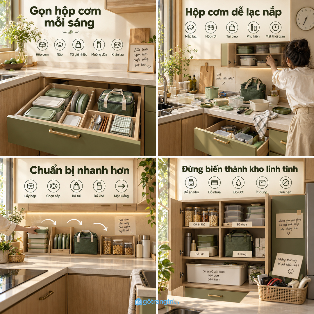 Hộp cơm và nắp hộp để rải rác làm bếp nhỏ nhanh rối khi nấu nhiều món
