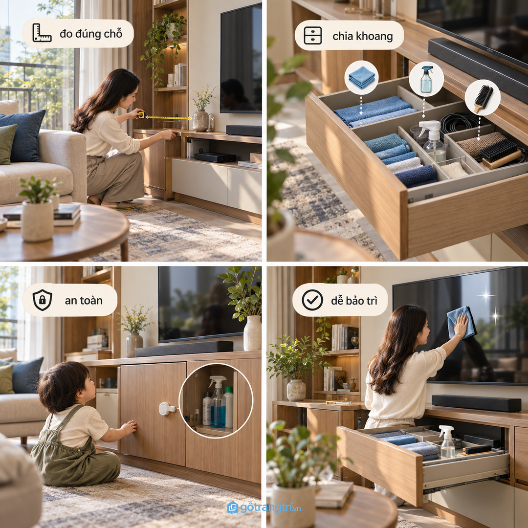 Remote và pin dự phòng dễ thất lạc nếu để rải trên bàn trà và kệ tivi