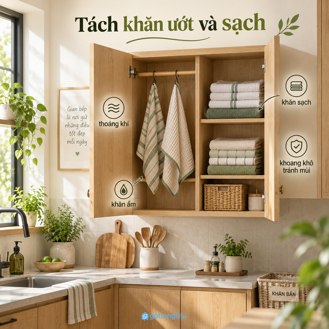 Khăn bếp treo tạm quanh chậu rửa làm bếp nhỏ nhanh ẩm và rối