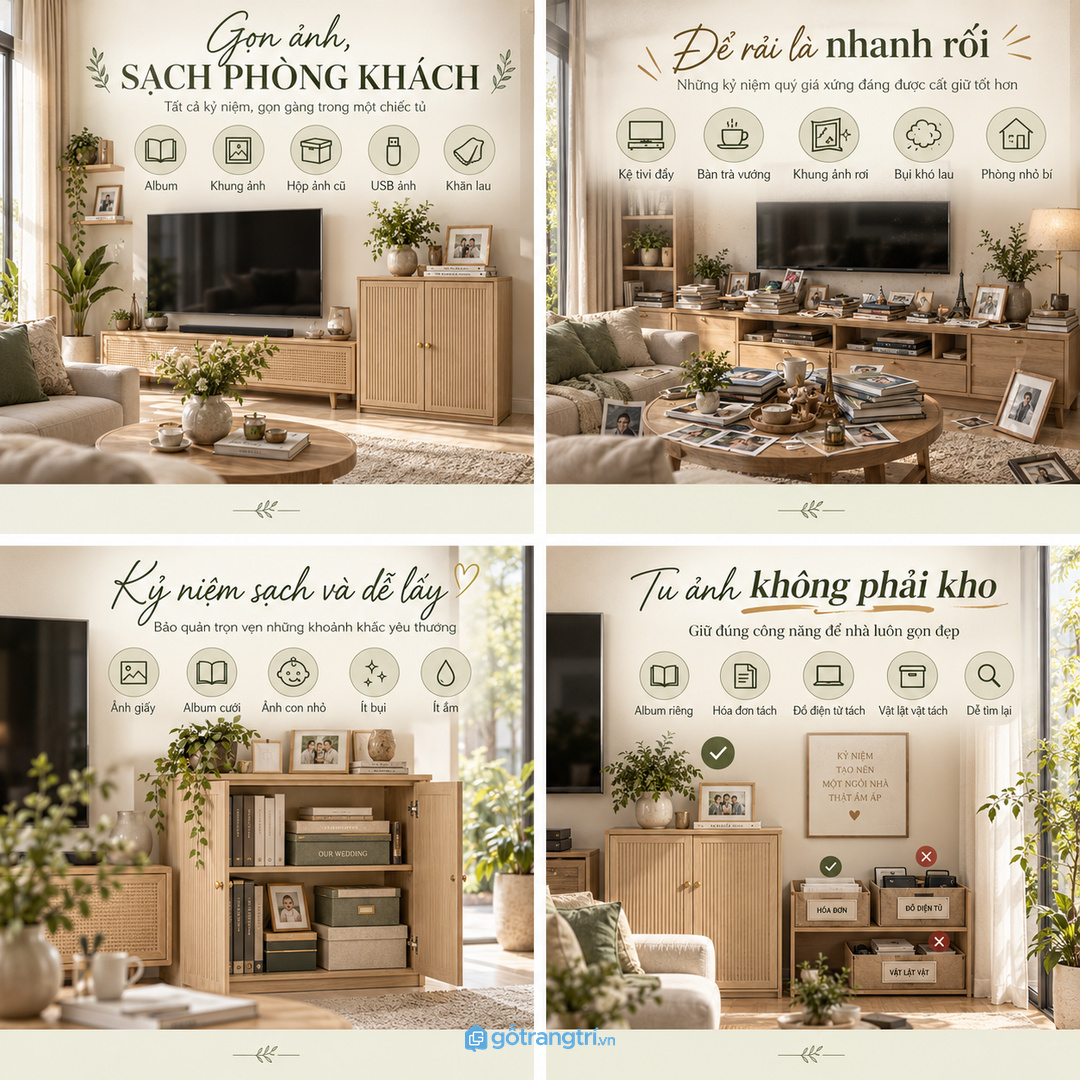 Kỷ vật đặt rải trên kệ tivi làm phòng khách nhanh rối và khó lau bụi