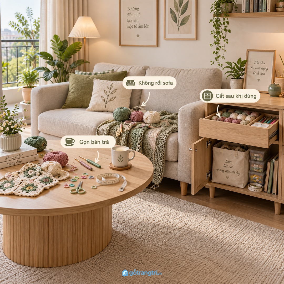 Cuộn len và kim móc để trên sofa làm phòng khách nhanh rối