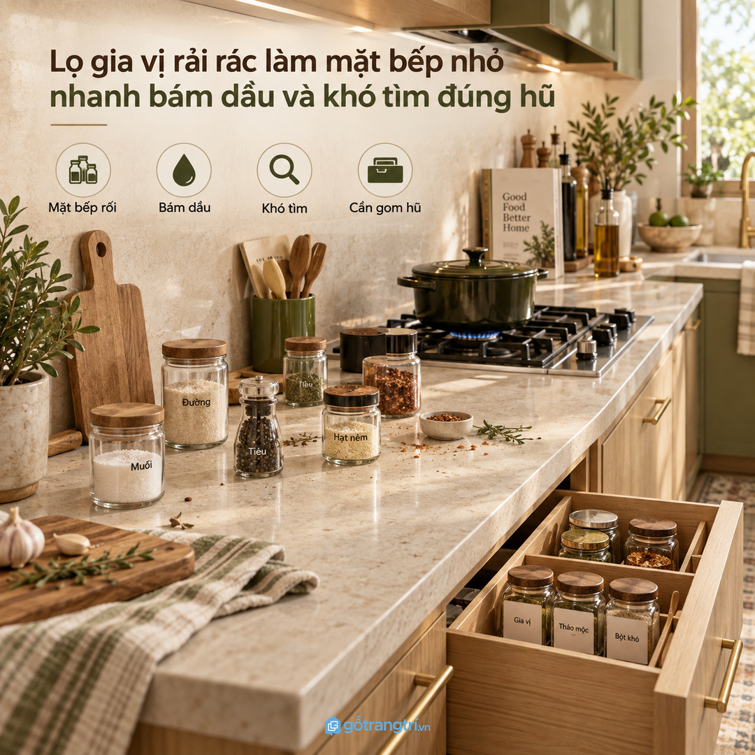 Lọ gia vị rải rác làm mặt bếp nhỏ nhanh bám dầu và khó tìm đúng hũ